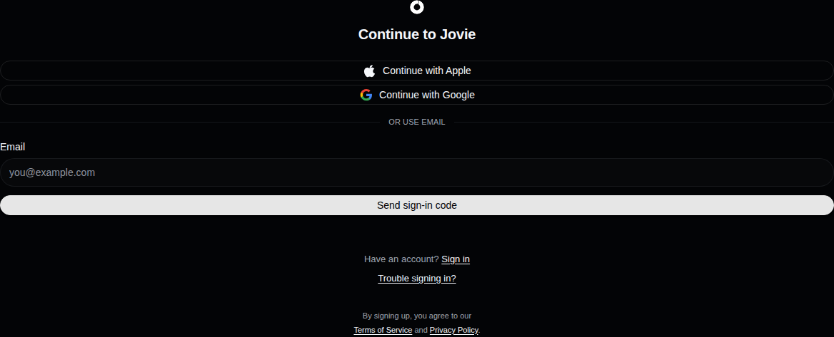 Continue to Jovie page with Apple, Google, and email authentication