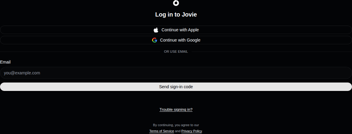 Log in to Jovie page showing the returning-user authentication choices