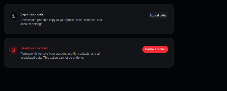 Jovie Data and Privacy settings with Export your data and Delete your account controls