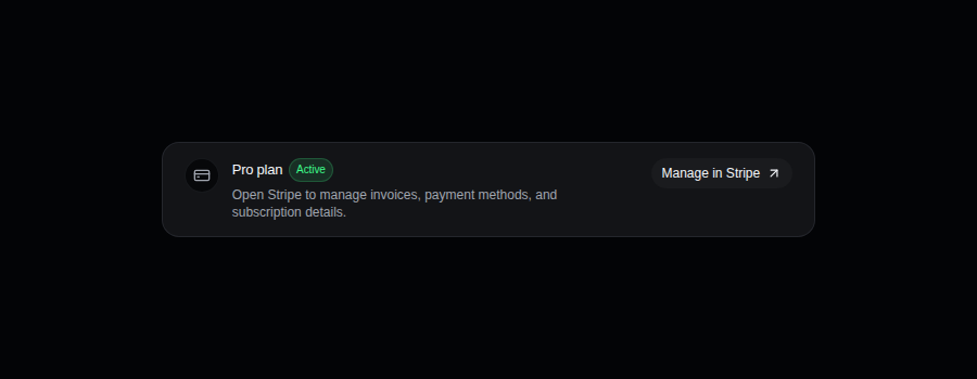 Jovie Billing settings showing a Pro plan with an Active badge and Manage in Stripe action