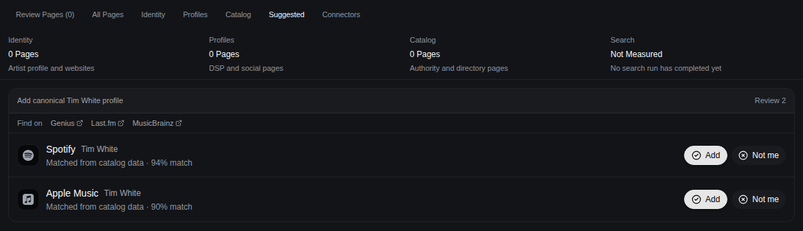 Suggested Connections row with the Not me action for an incorrect artist identity