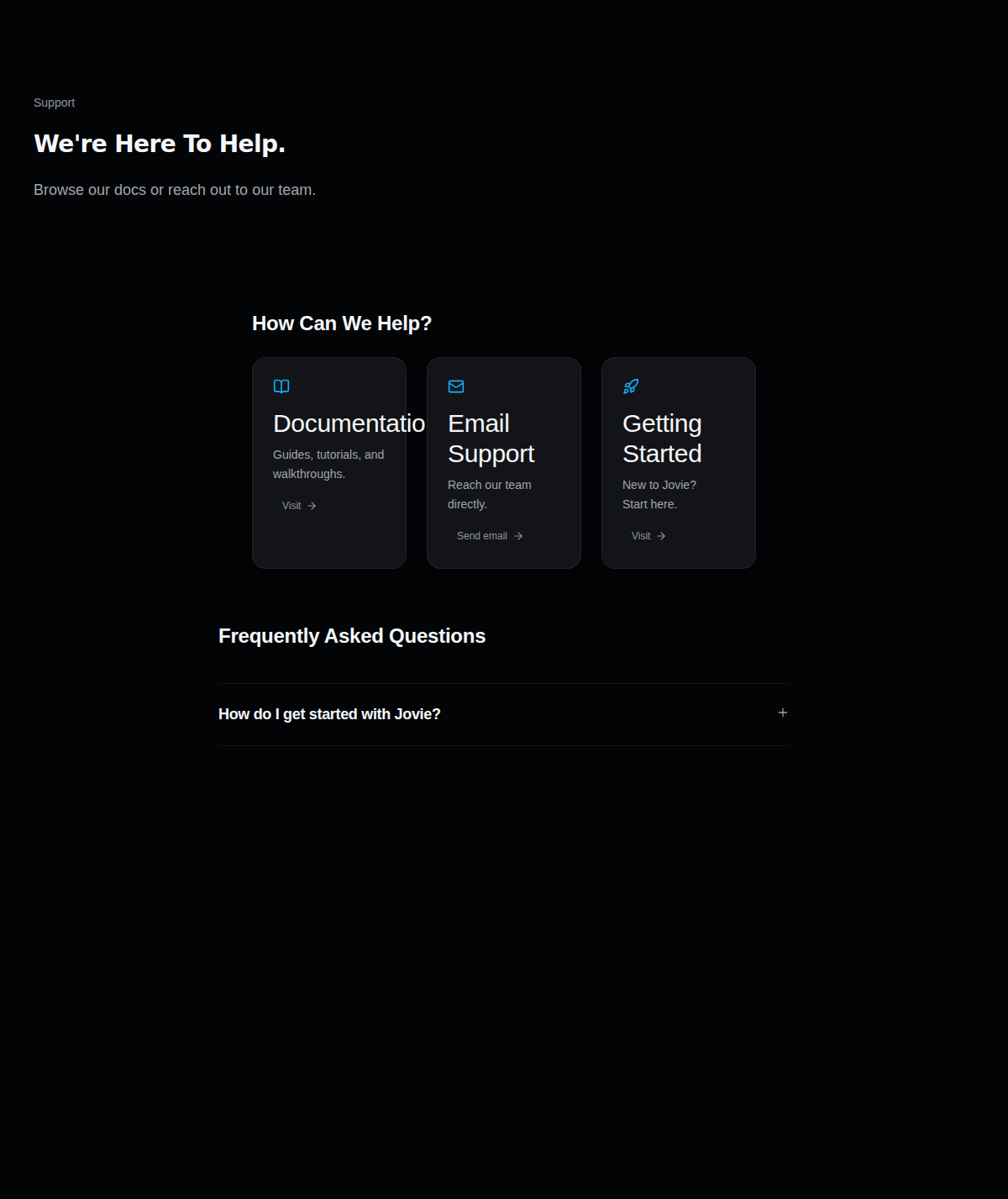 Jovie support page with Documentation, Email Support, and Getting Started options